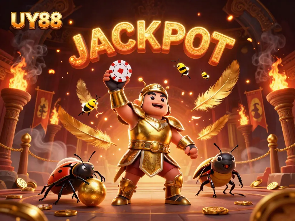Experience UY88's vibrant casino adventure with a victorious beetle and a gold coin backdrop.