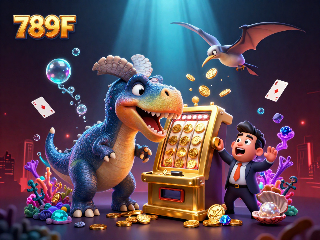 Spin the golden slot machine for a jackpot with 789F characters in a vibrant casino scene