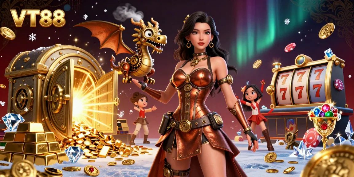 Experience an exciting casino journey with VT88 featuring thrilling slot reels, gold treasures, and captivating characters.