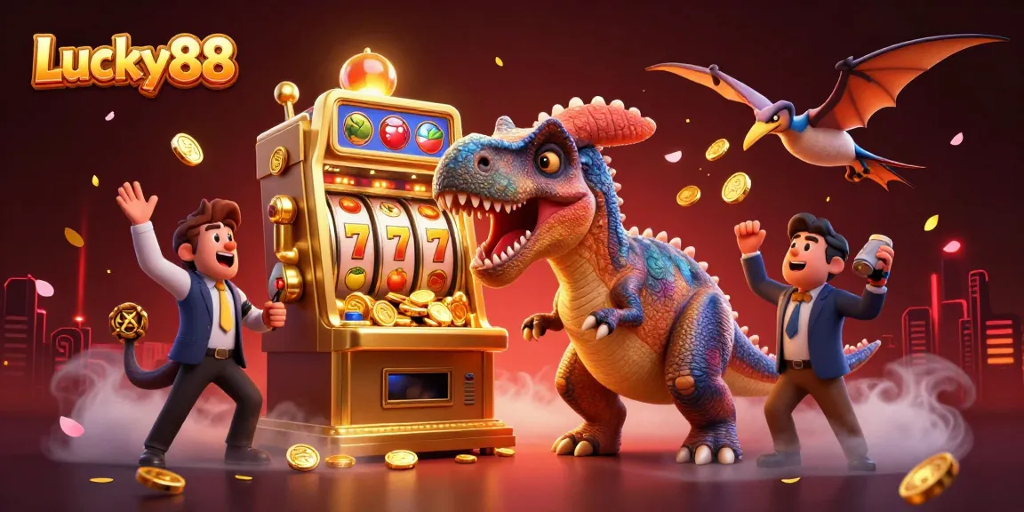 Engage with Lucky88 by enjoying a cartoon pachycephalosaurus jackpot scene with vibrant casino elements.