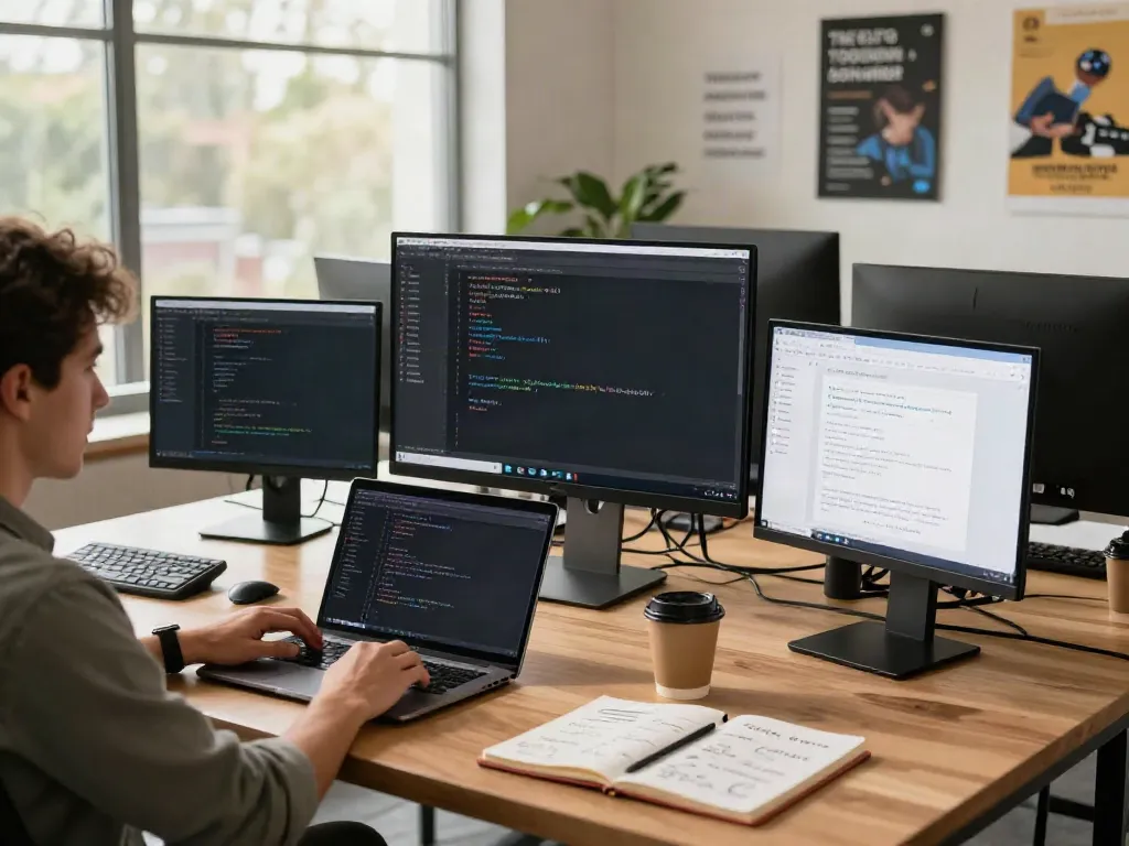 Developer coding instant indexing solutions in a bright tech workspace.