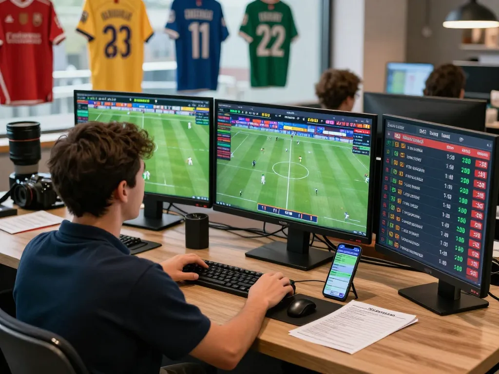 Engaged bettor analyzing kèo nhà cái 5 in a lively sports betting lounge with screens.