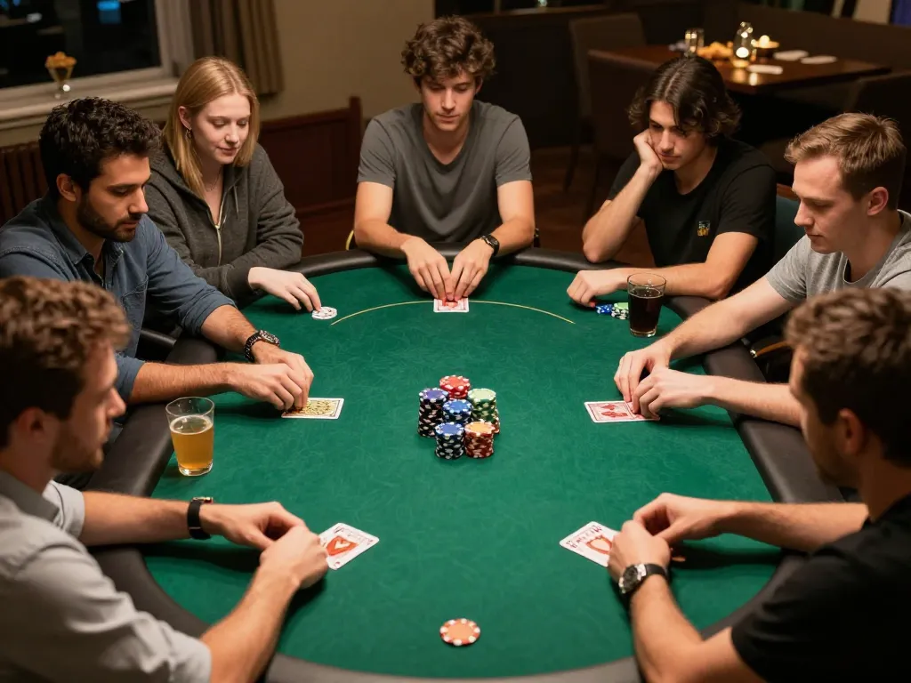 Players enjoying a friendly poker game at home, showcasing strategic gameplay and excitement with kk44 elements.