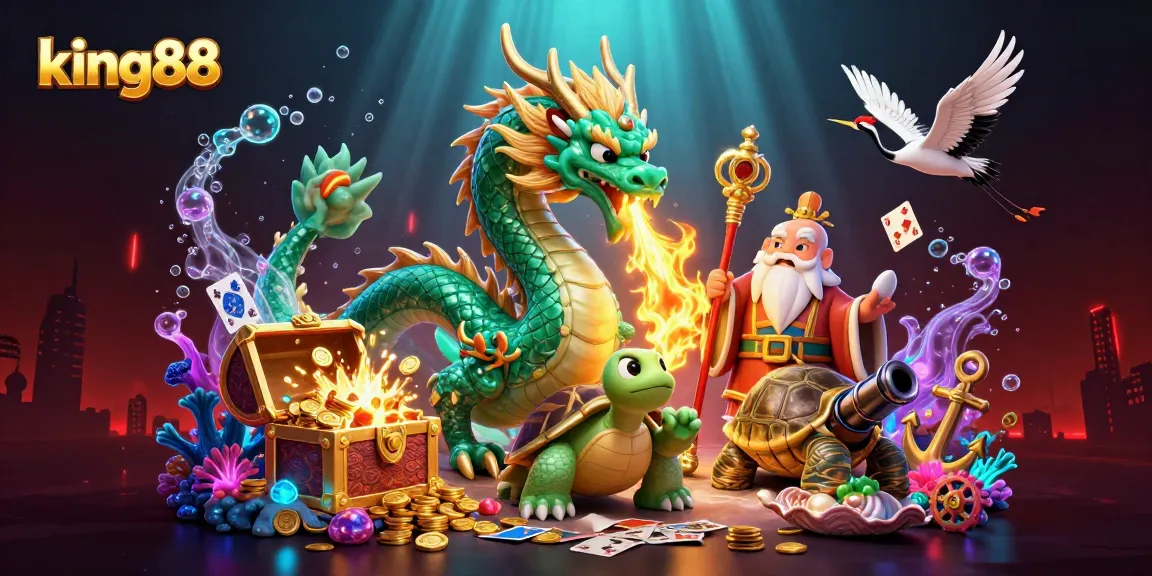 Experience thrilling gaming with king88's vibrant 3D casino illustration featuring a dragon and mystical characters.