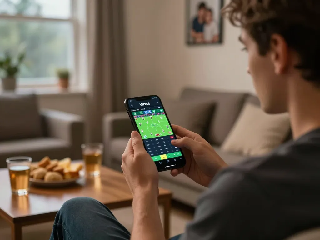 Player using WIN68 app for live sports betting at home, enjoying a casual gaming atmosphere