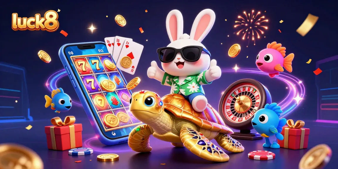 Experience luck8 with a lucky rabbit and golden turtle amidst vibrant casino elements!