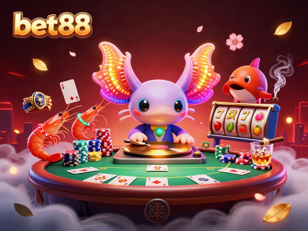 Action-packed bet88 illustration featuring a neon axolotl DJ, vibrant slot reels, and a dynamic casino atmosphere.