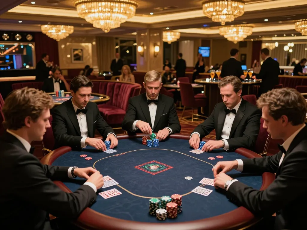 Players engage in a high-stakes poker game at a luxurious casino, highlighting ve88 strategy.