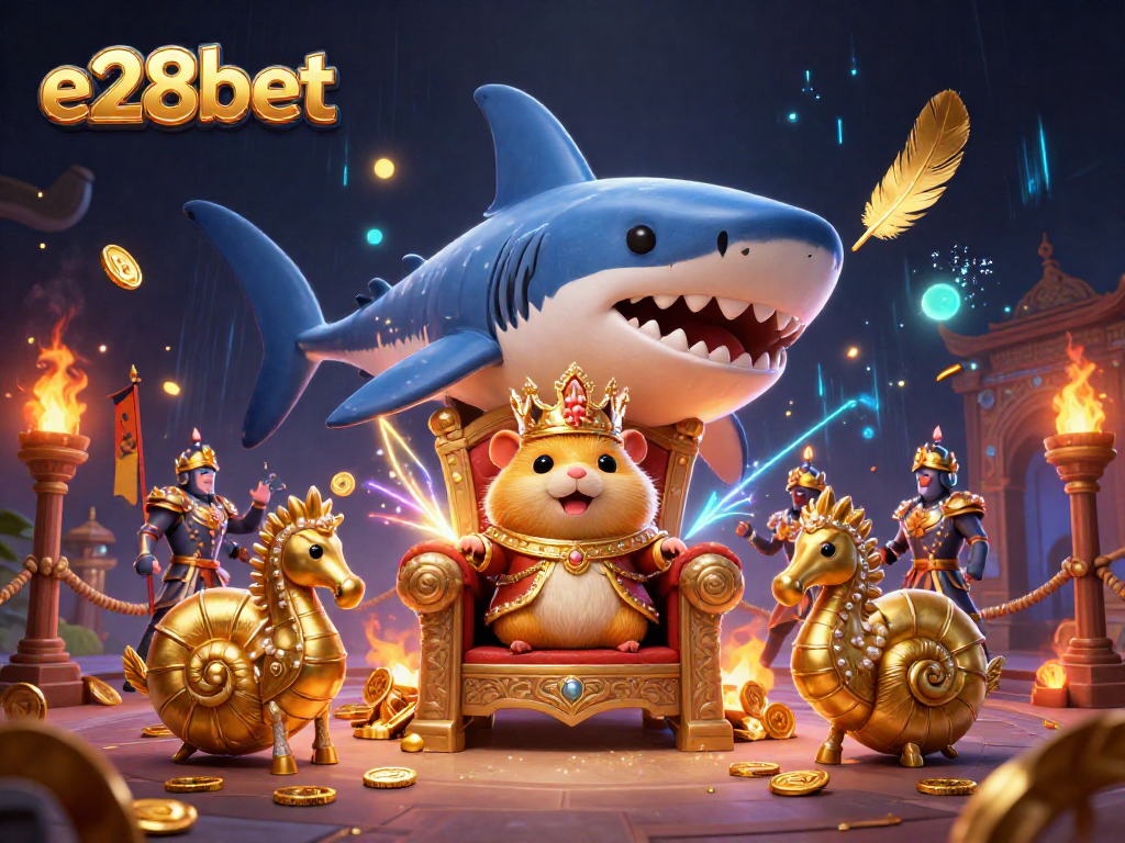 Bet and win at e28bet with the playful golden hamster king and seahorse guards in a dynamic arena.