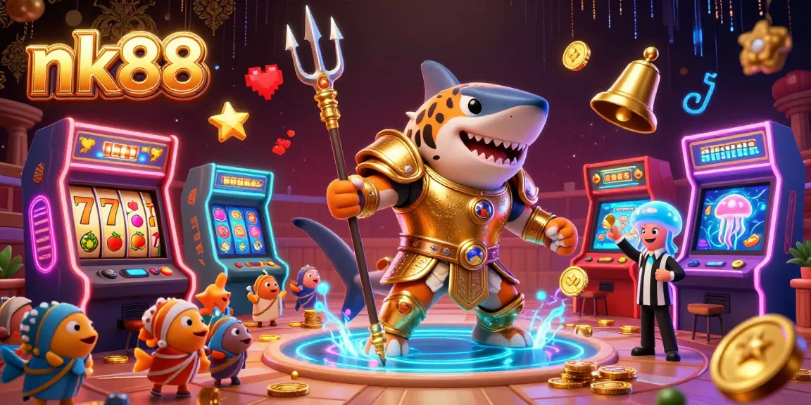 Engage with exciting slots at nk88, featuring a ferocious tiger shark in gladiator armor and vibrant slot machine elements.