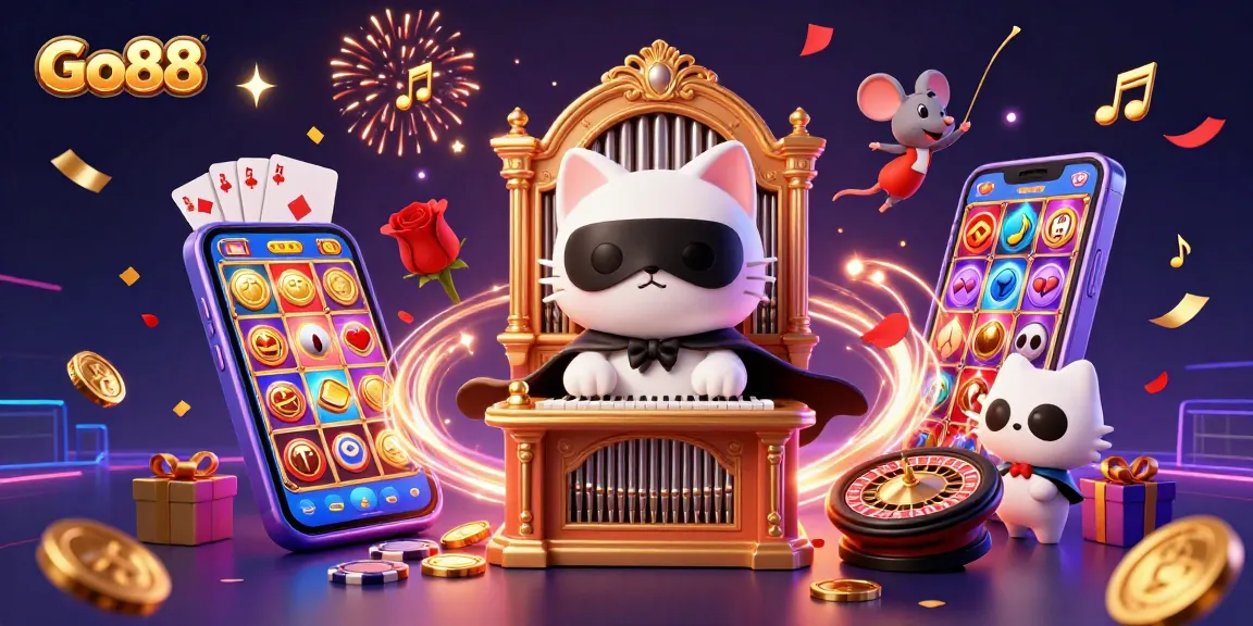 Engage in thrilling gameplay at Go88 with 3D casino characters amidst swirling gold coins and slot reels.