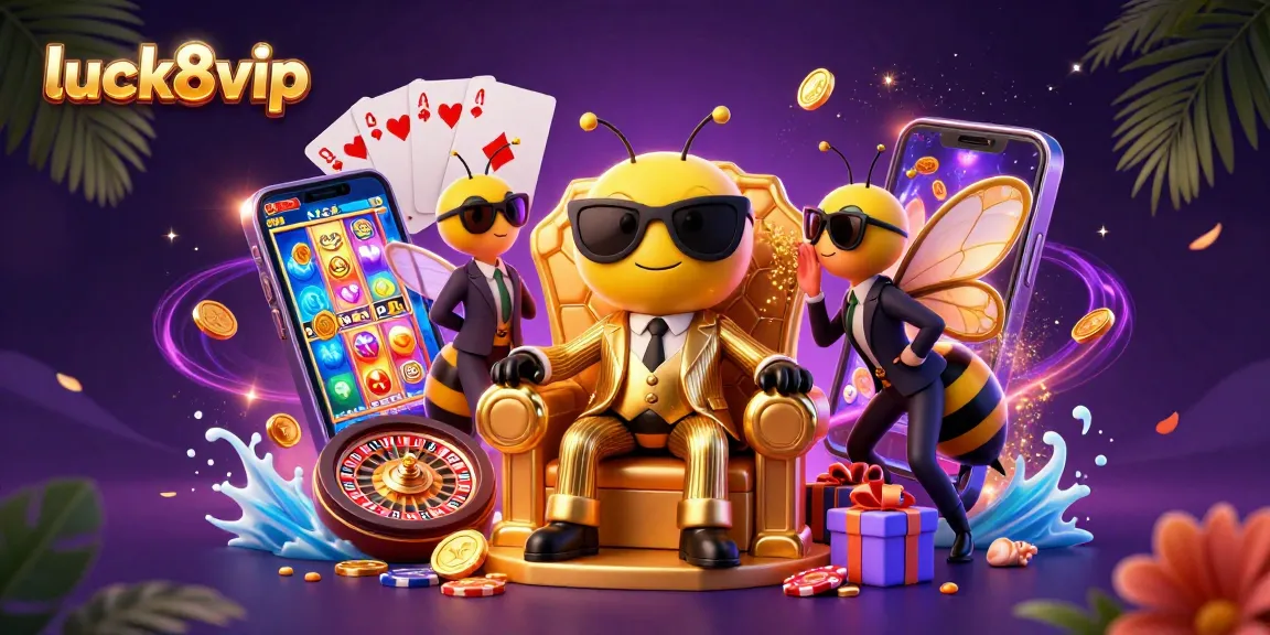 Experience the thrill of luck8vip casino with an exciting graphic showcasing a vibrant gambling scene.