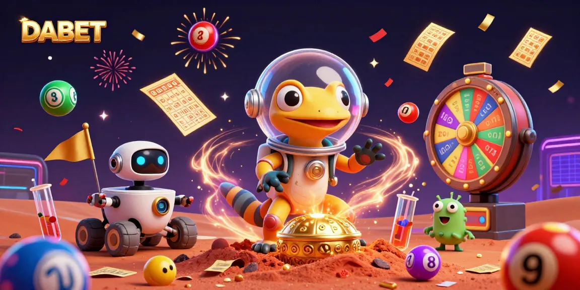 DABET offers an exciting gaming experience with a playful illustration showcasing vibrant casino elements and celebration.