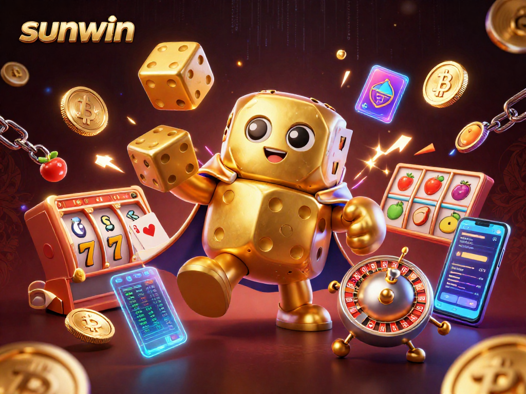 Experience excitement with sunwin's unique 3D casino illustration showcasing vibrant slots and dynamic gaming elements.