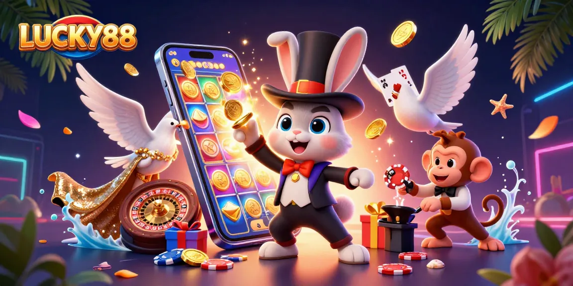 Engage in thrilling gameplay with LUCKY88 as magical gold coins and poker chips burst into action.