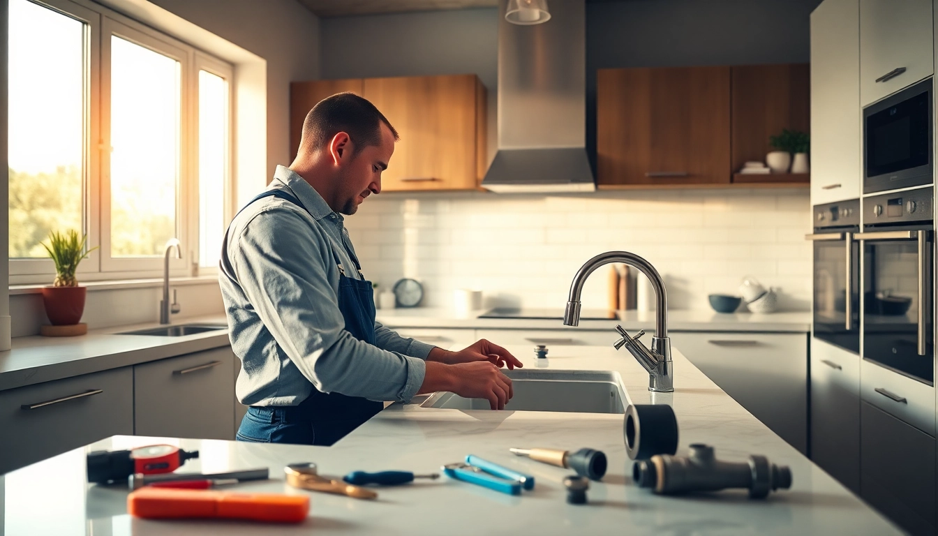 Find a reliable plumber near me fixing a kitchen sink in a stylish home.
