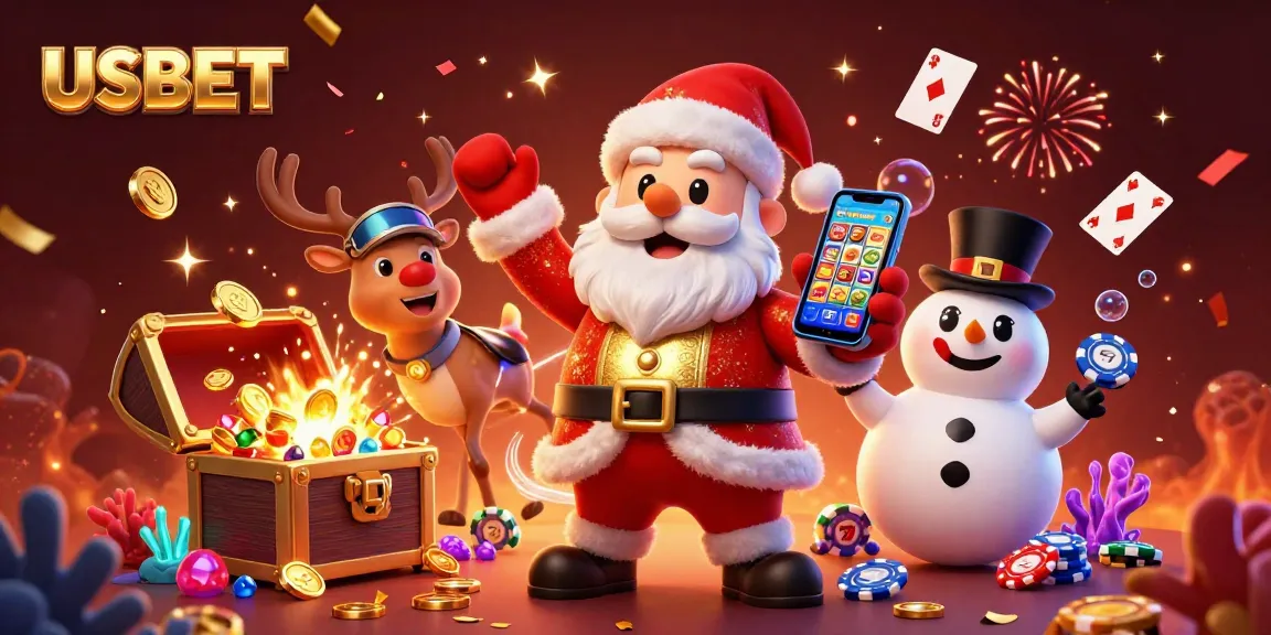 Experience the excitement of USBET with Santa, a reindeer, and a snowman amid vibrant casino elements.