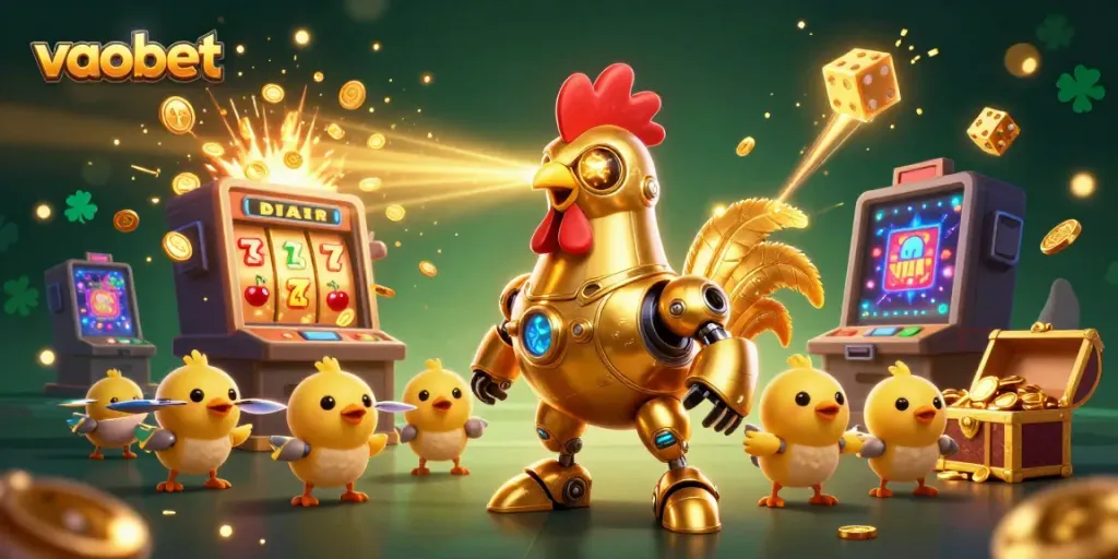 Experience the thrill of vaobet's casino world with the golden rooster robot and slot machine.