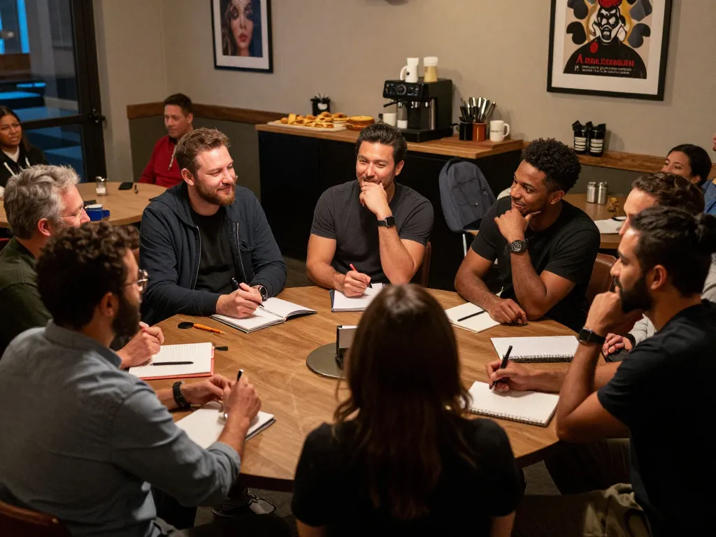 Men in a supportive manclub meeting sharing thoughts and experiences.
