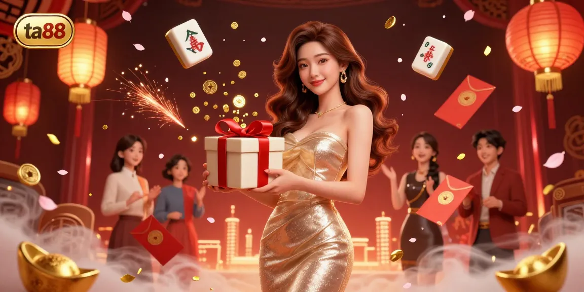 Engage in thrilling gaming with ta88, featuring a festive scene with a charming Asian woman celebrating at a casino.