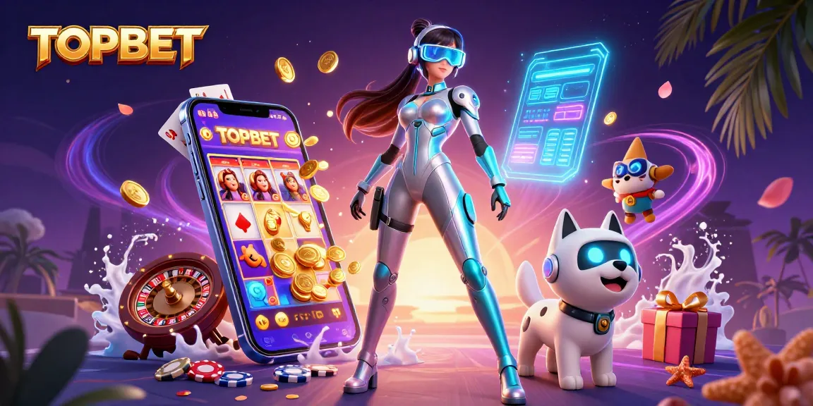 Experience exhilarating wins with TOPBET in this vibrant 3D casino illustration featuring futuristic elements.