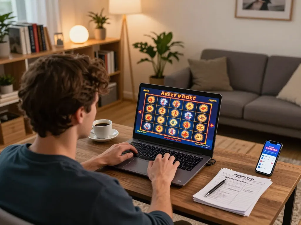 Player engaging with a thrilling hm88 slot game on a sleek laptop in a cozy home setting.