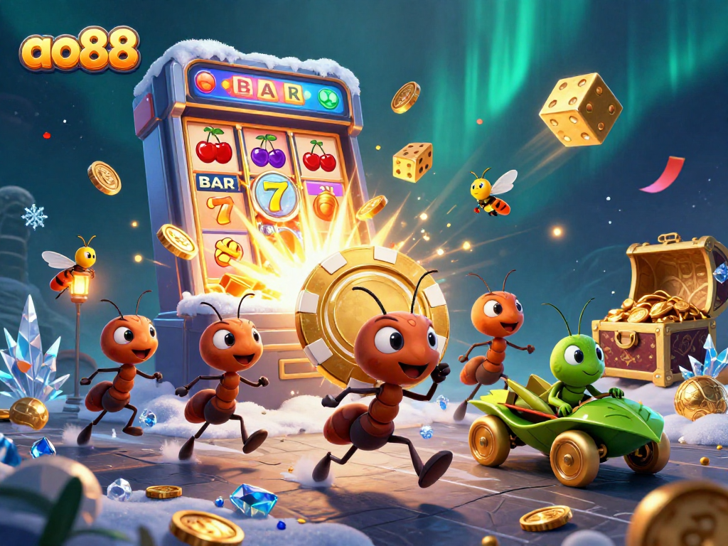 Join the ant team in ao88 as they navigate a heist amidst a vibrant casino spectacle filled with gambling treasures.