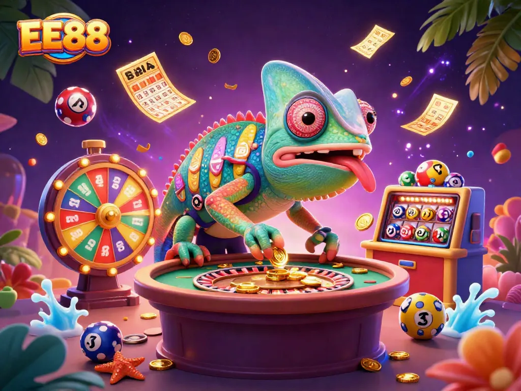 Engage with EE88's vibrant casino scene, featuring a dynamic chameleon character and lively gaming activities.