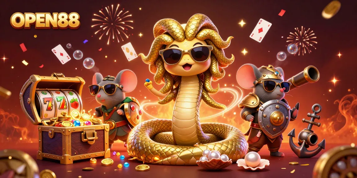Experience the excitement of OPEN88 with vibrant characters and gameplay elements in a dynamic 3D casino scene.