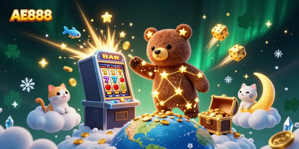 Experience gaming excitement with AE888 in a vibrant casino-themed 3D illustration, featuring stars and slot machines.