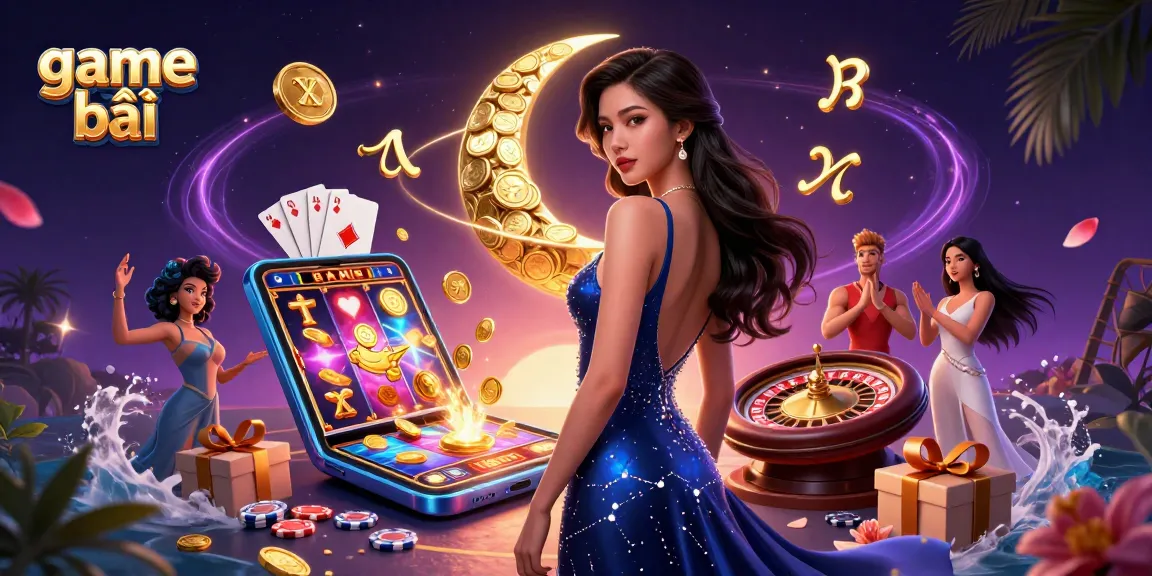 Experience thrilling game bài with a stunning Asian woman and a colorful slot game backdrop.