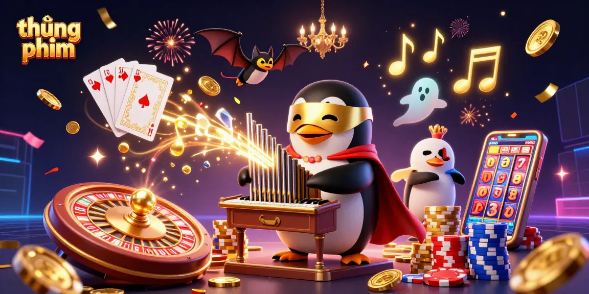 Experience the thrill of thúng phim as the phantom penguin orchestrates fortune with golden coins and vibrant casino elements.