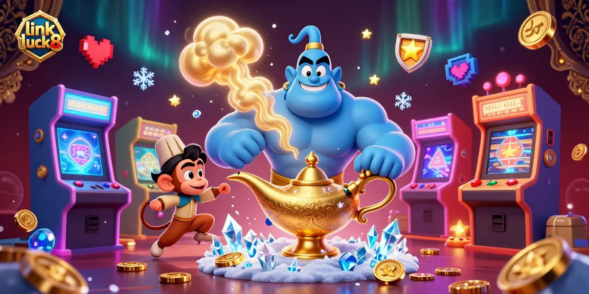 Experience exhilarating gaming action with link luck8 in this vibrant illustration featuring a blue genie, monkey, and poker chips.