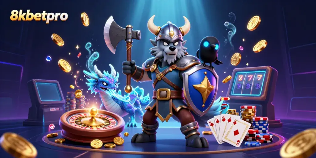 Experience the thrill of 8xbetpro in this vibrant illustration showcasing a Viking wolf warrior and a dragon amidst casino elements.