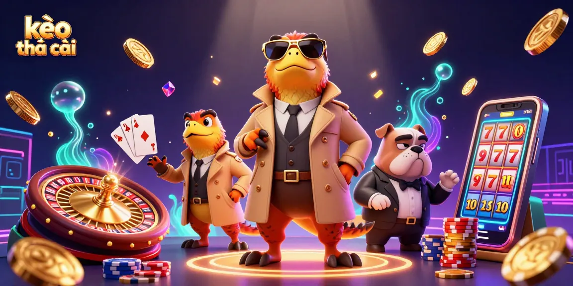 Experience kèo nhà cái excitement with lively 3D characters and casino elements.
