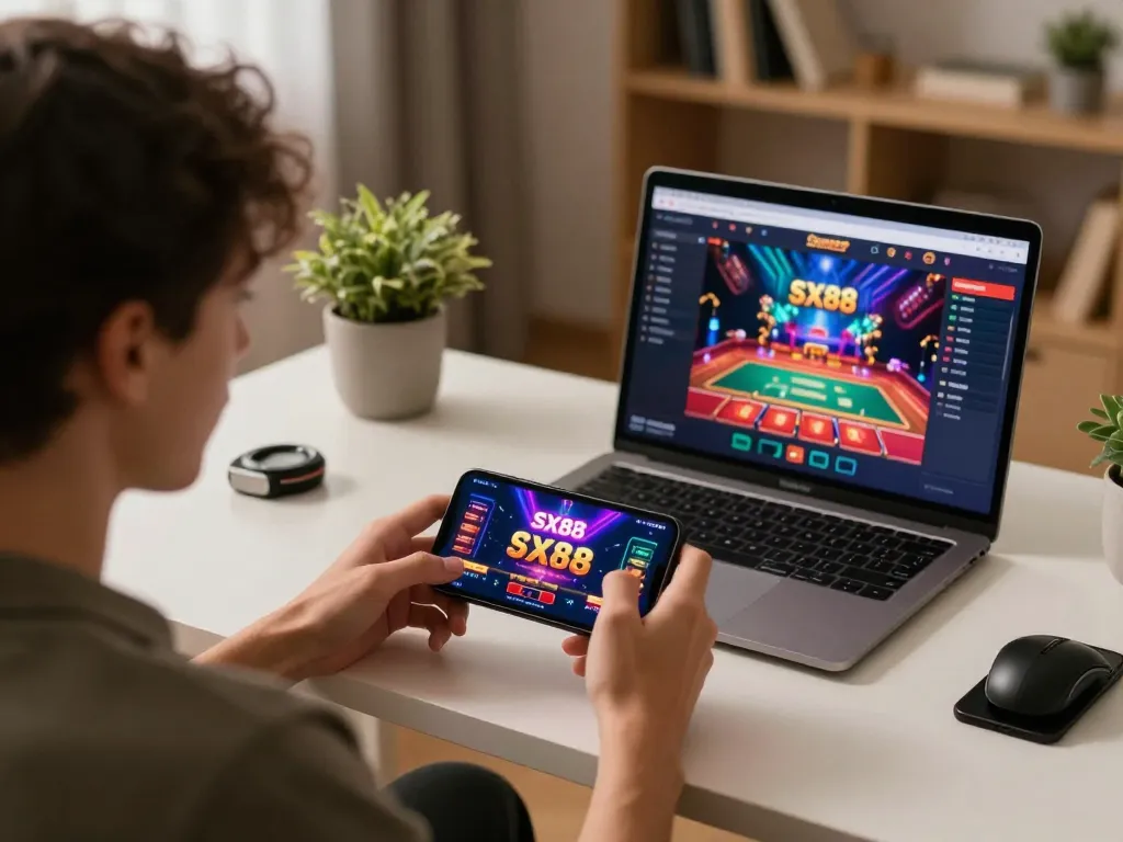 SX88 player engaging with online casino app on smartphone, viewing live dealer game