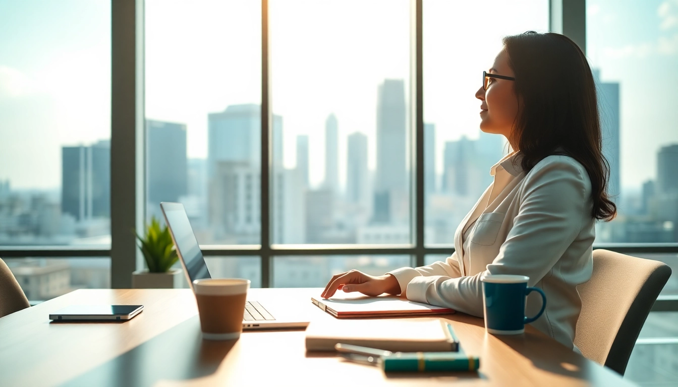 Envisioning an ideal career at a modern office setting with city view.