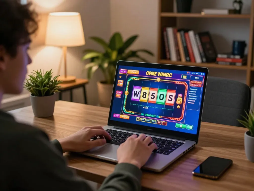 Player enjoying online slots with DA88 on laptop, showcasing vibrant game visuals and cozy atmosphere