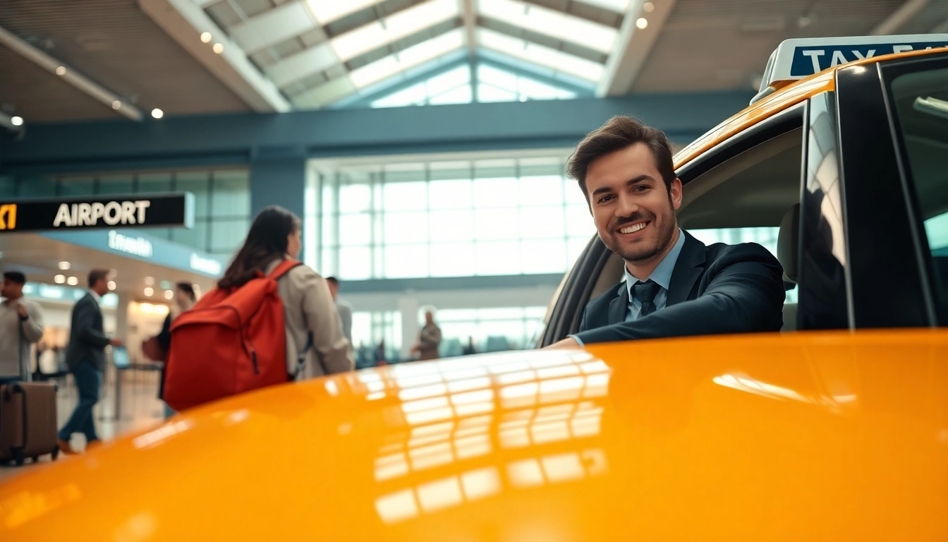Taxi driver helping traveler at Luton airport, showcasing convenience and service.
