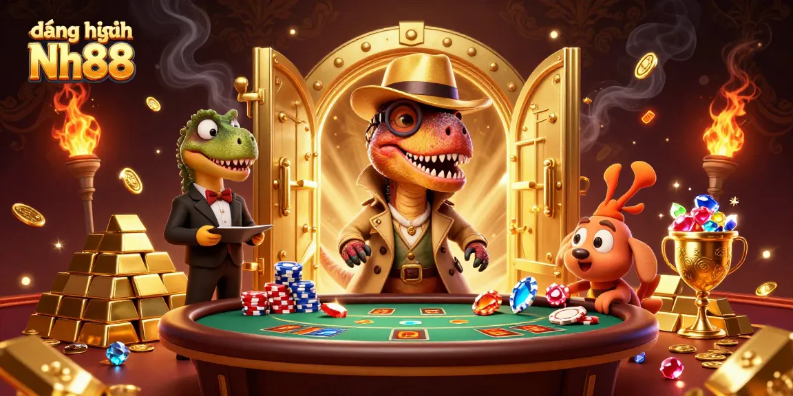 Engage in thrilling gameplay at NH88 with a clever velociraptor and friends navigating a vibrant blackjack scene.