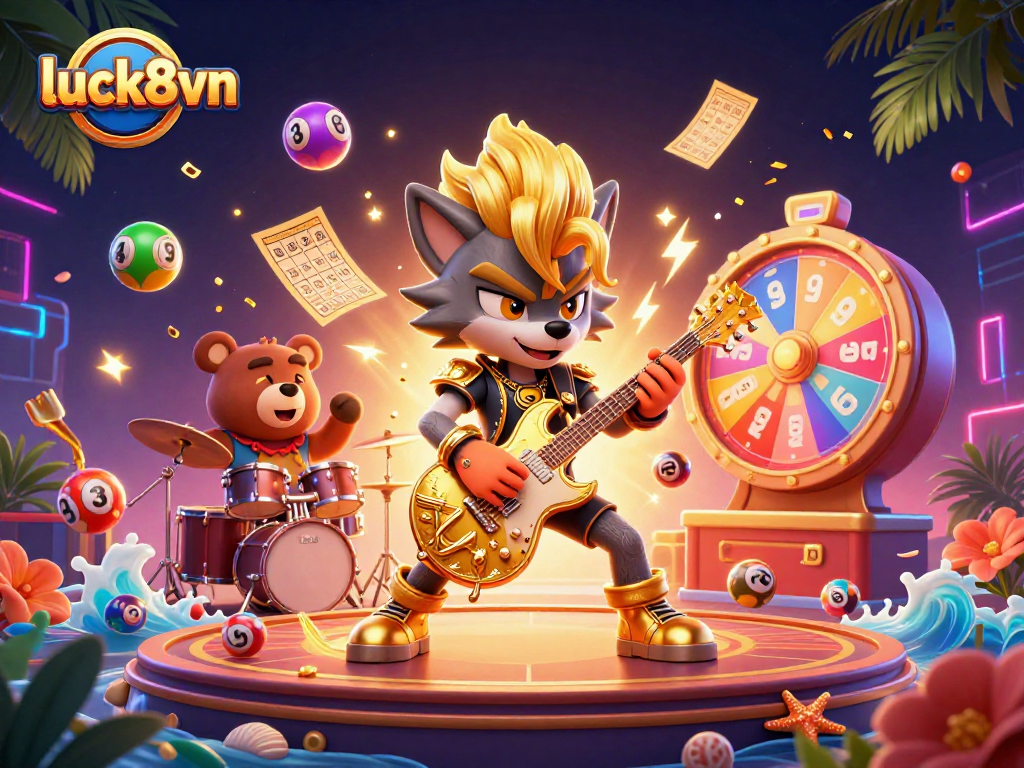 Experience excitement with luck8vn as vibrant lottery balls and energetic characters invite thrilling casino fun.