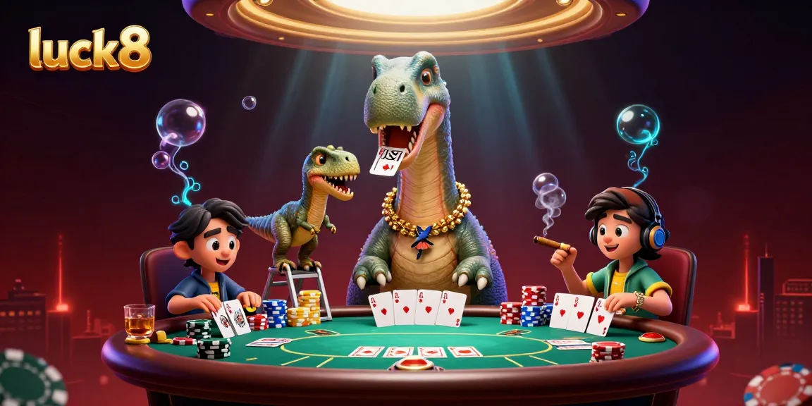 Experience luck8 casino excitement while a clever raptor deals cards from a giant brontosaurus.