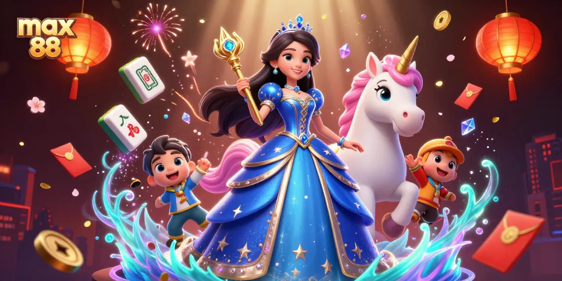 Engage in thrilling gameplay at max 88 with a vibrant scene featuring a beautiful woman and a unicorn surrounded by casino elements.