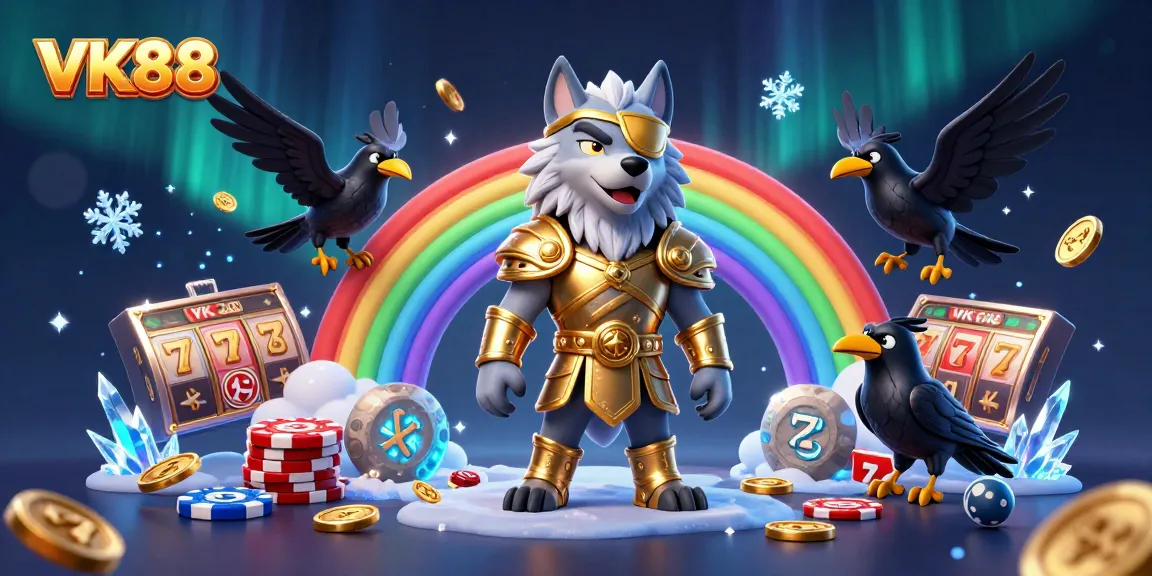 Experience high-stakes gaming at VK88 with Odin and ravens on a casino chip rainbow bridge.