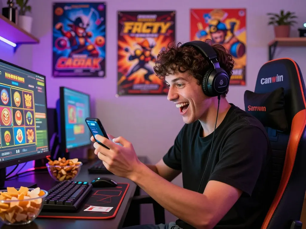 Gamers excitedly tải sunwin app in a vibrant gaming room filled with dynamic decor.