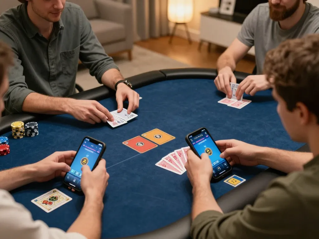 Player engaging in strategic online poker gameplay via mk8 mobile app at home, showcasing betting decisions.