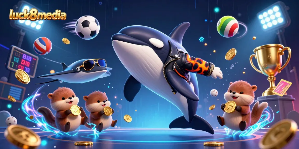 luck8media showcases a vibrant 3D scene with animated characters and dynamic gambling elements.