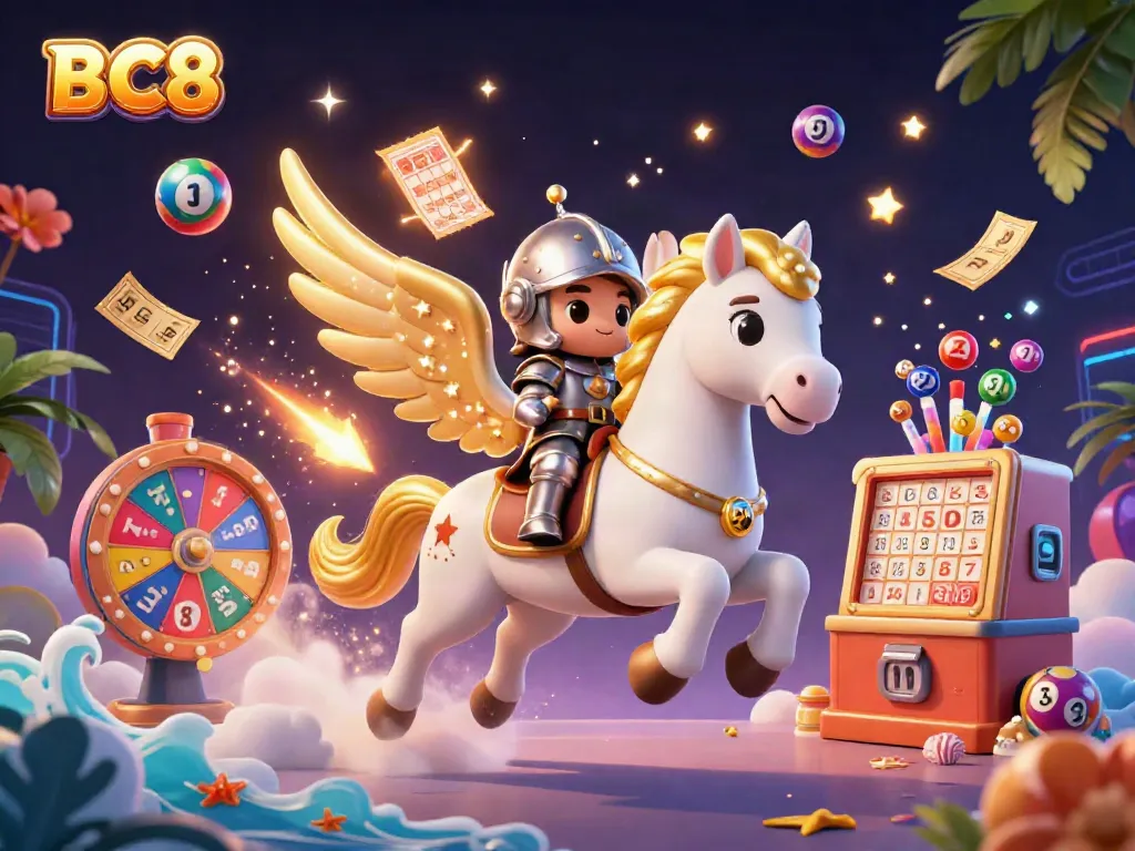 Experience the excitement of BC8 with a vibrant 3D illustration of gambling elements and an adventurous knight.