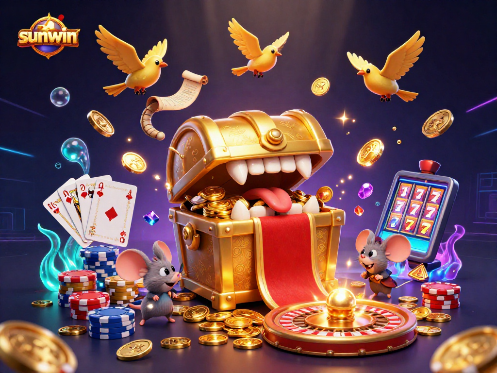 Win big with Sunwin at this vibrant 3D casino gaming scene featuring thrilling elements.