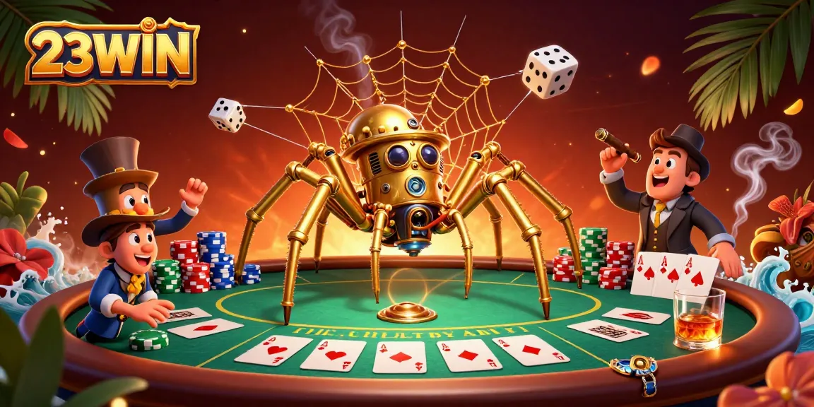 Engage with thrilling gameplay at 23WIN, featuring a whimsical scene of a spider capturing dice in its golden web.